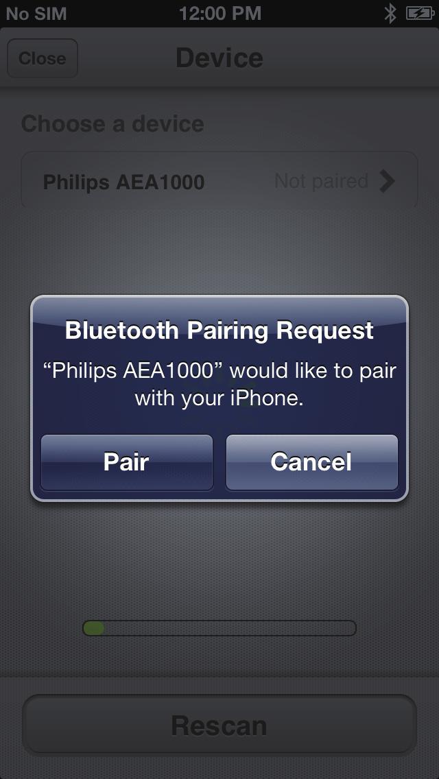 »» Después de encontrar el dispositivo InRange, aparece Philips AEA1000 en la pantalla de la aplicación.