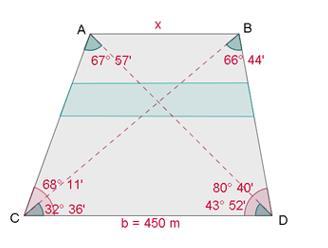 Calcula la distancia entre dos puntos inaccesibles (X e Y) si desde dos puntos, A y B que distan 10 m, se observan los puntos X e Y bajo las visuales que muestra la figura. Ejercicio.