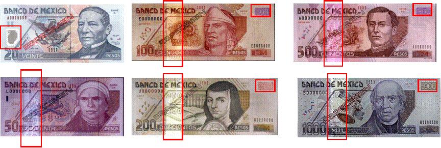 Los billetes de esta familia cuentan con medidas de seguridad adicionales: Banda iridiscente (50, 100, 200, 500 y 1000 pesos) Tinta que cambia