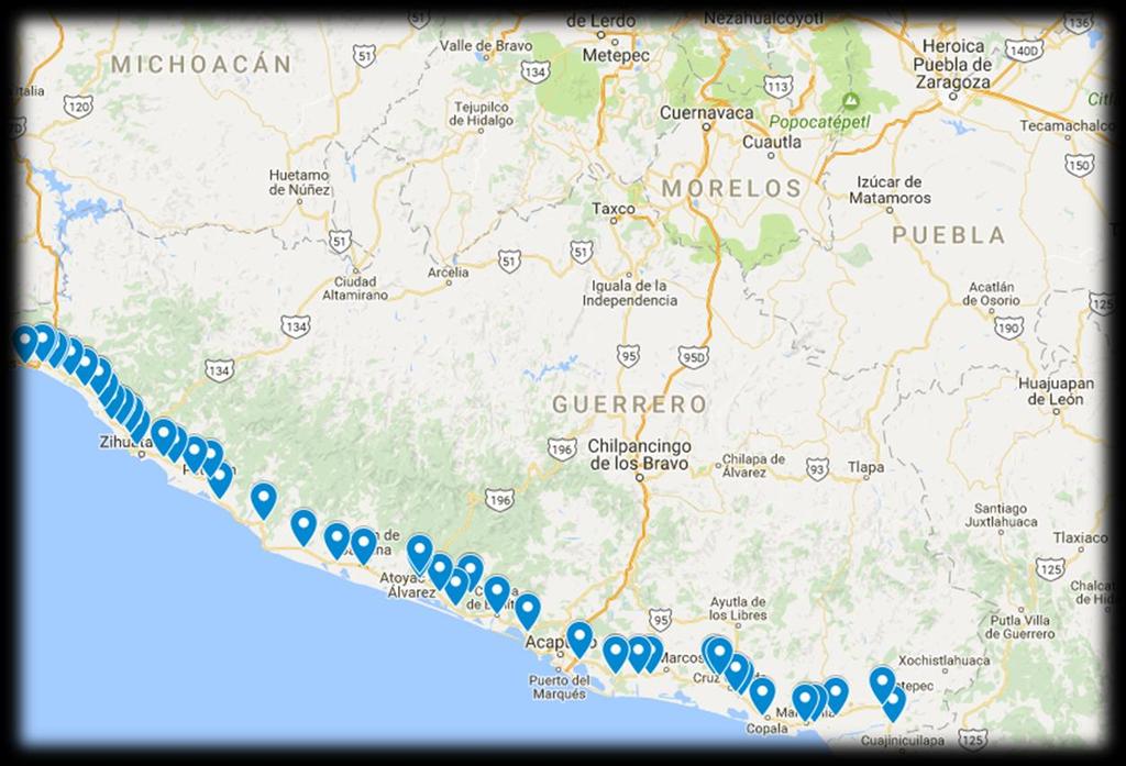 5 Estado de Guerrero En el estado de Guerrero se visitaron un total de 50 puentes comprendidos en el tramo carretero de