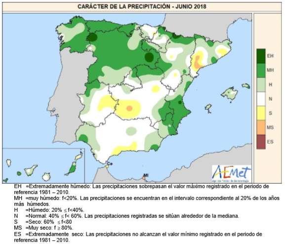Tabla 7. Carácter de la precipitación Junio 2018 Fuente: Agencia Estatal de Meteorología. Ministerio para la Transición Ecológica.