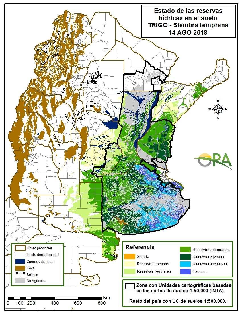 Los mapas corresponden a la estimación de contenido de agua en el primer metro de suelo para lotes de trigo. Valores locales de reservas superficiales pueden consultarse en http://www.ora.gob.