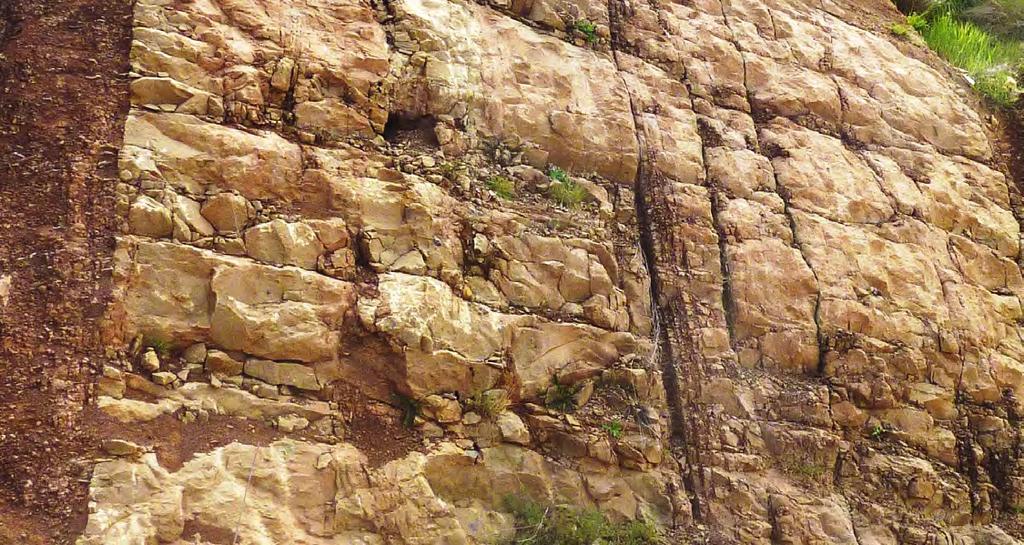 OBJETIVOS ESTRATÉGICOS Y MISIÓN: DESCONTAMINACIÓN INTEGRAL Macizo rocoso del barranco de Bailín. Este estrato vertical de areniscas y conglomerados tiene unos 5 metros de espesor.