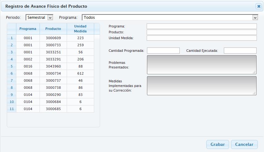 Para visualizar el listado del registro de los Avances Físicos por Producto, seleccionar el periodo y luego dar clic en el botón BUSCAR, el Sistema muestra el