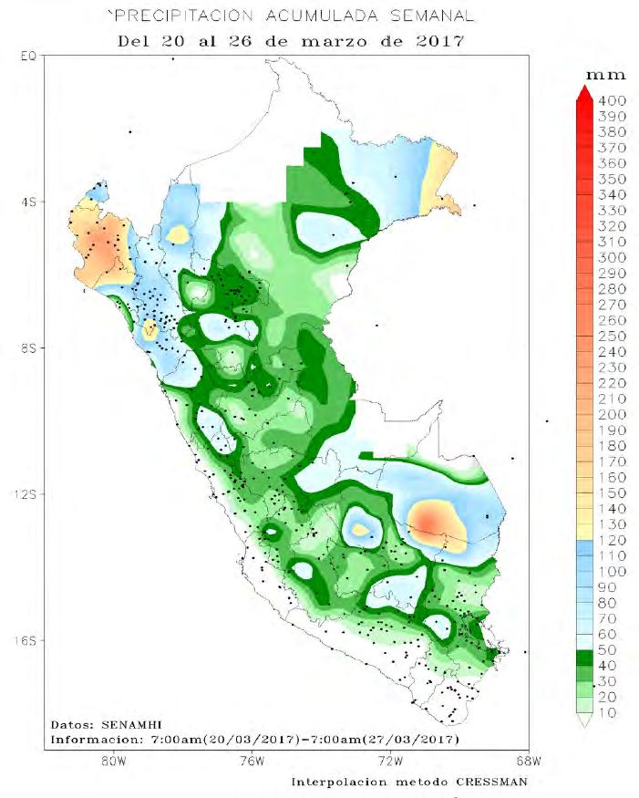 Los acumulados diarios más significativos fueron de 60,2 mm en Huac-Huas (Ayacucho), 36,1 mm en Pampacolca (Arequipa) y 38,4 mm en Puno (Puno).