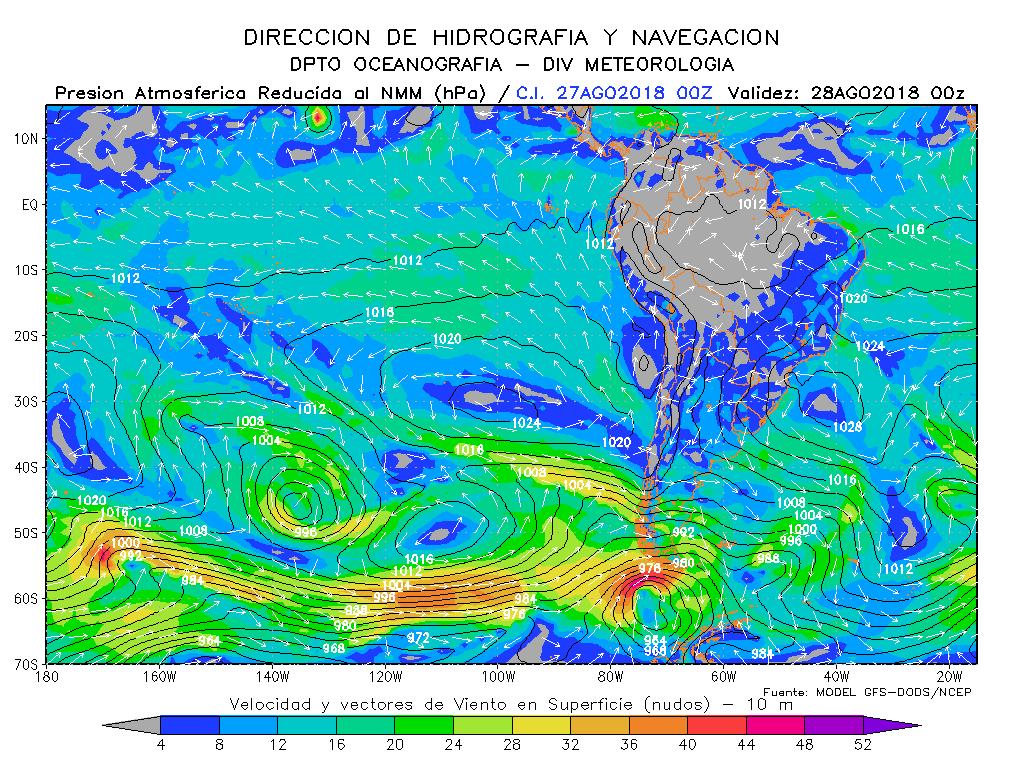 Para el 27 y 28 de agosto el sistema de alta presión (APSO) muestra su presión hasta 1024 hpa y cerca de la costa de Sudamerica, generando incremento en el campo de viento frente de Perú y en la zona