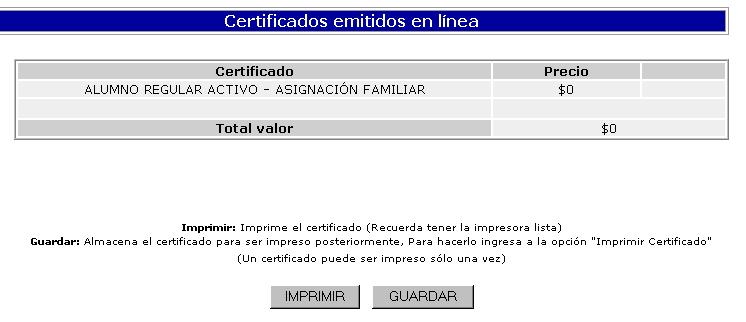 Si el certificado que requieres no posee un costo monetario, posterior a la visualización previa del certificado, aparecerá la siguiente pantalla: Si desea imprimir el certificado presione aquí.