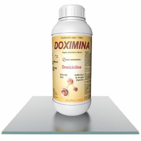 Doximina Solución Oral SAGARPA Q-7692-037 Misil con 1 L Garrafa con 5 L Fórmula Cada ml contiene: Doxiciclina hiclato Vehículo cbp 200 mg 1 ml Características DOXIMINA es un antibiótico