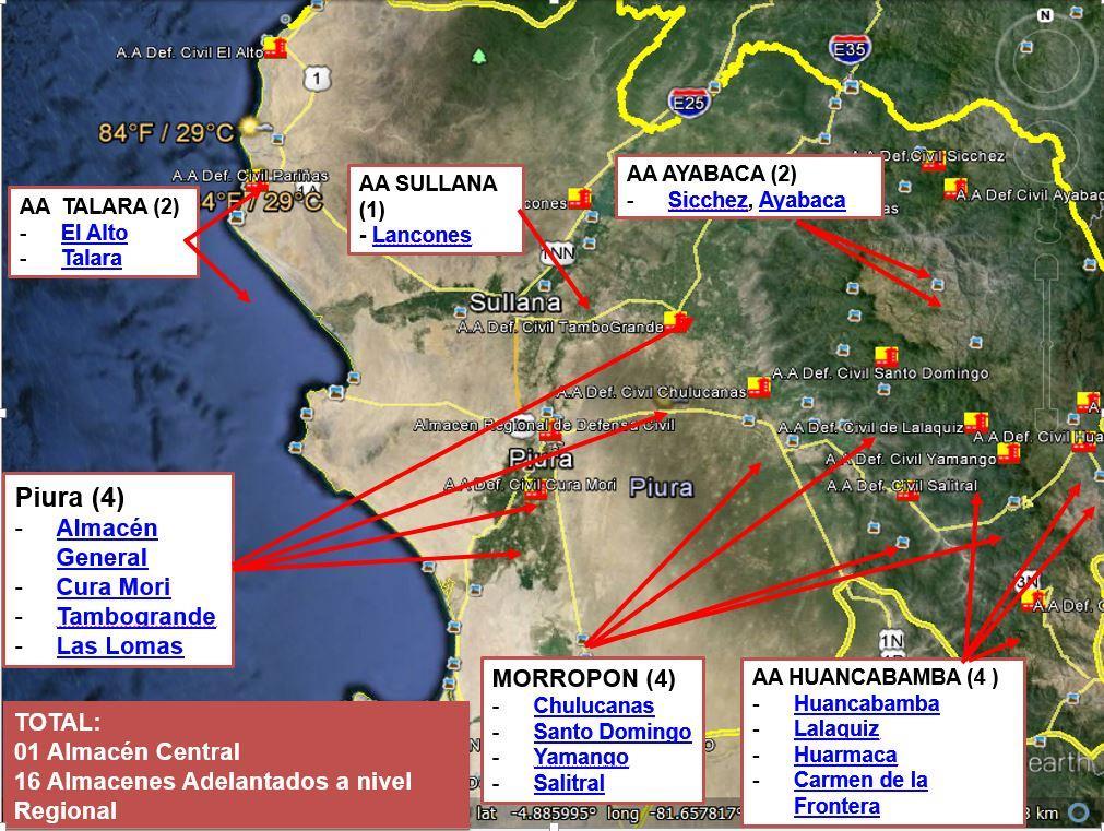 ALMACENES ADELANTADOS COSTA (6) AA TALARA(2) - El Alto - Talara AA SULLANA(1) - Lancones AA AYABACA(2) - Sicchez y Ayabaca SIERRA (10) PIURA (4) - Almacén General - Cura