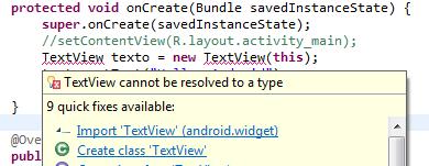 Creación de una vista Al agregar este código se subraya el TextView en rojo, porque Java no lo reconoce. Es necesario agregar el paquete que lo contiene.