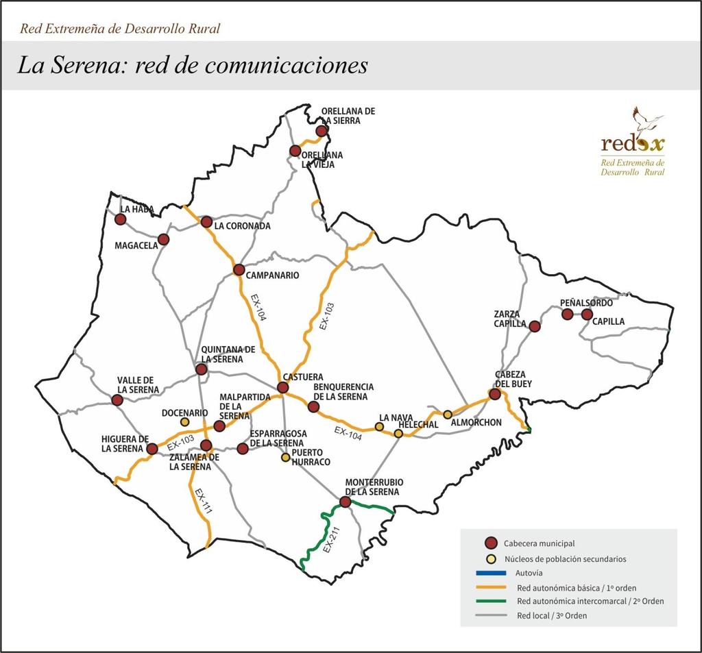 Otras vías de importancia son: Ex-103, perteneciente a la red autonómica básica, atraviesa la Comarca de Sur a Norte.