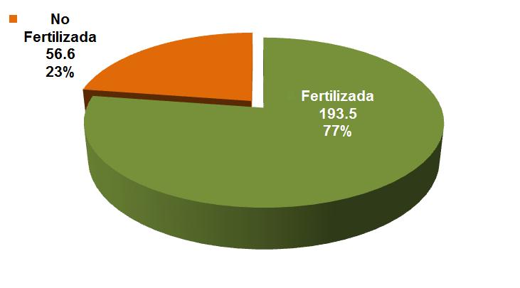 Producción en superficie fertilizada y no fertilizada (millones de toneladas) El 77% de la producción agrícola proviene de superficie con uso de fertilizante químico.