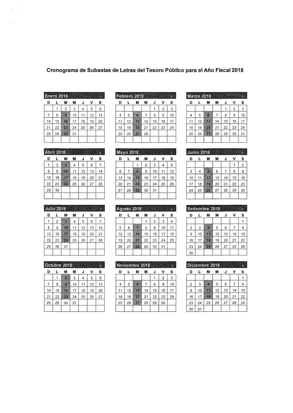 Cronograma de Subastas de Letras del Tesoro Público para el Año
