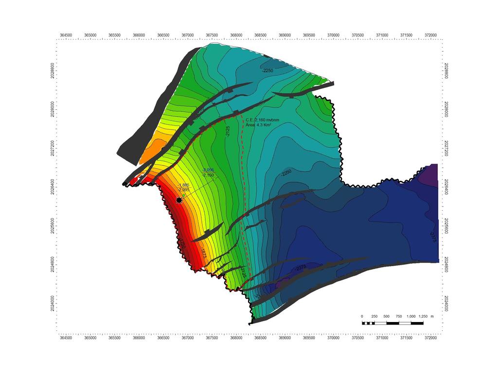 Descubrimientos Figura 4.5 Mapa estructural del Mioceno Superior del campo Octli (yacimiento 2).