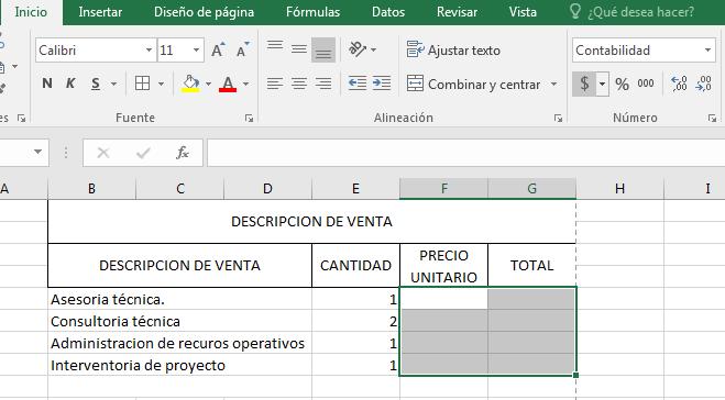 En las celdas de <PRECIO UNITARIO> y <TOTAL>, aplicar <Formato de numero de contabilidad>.