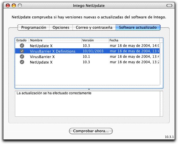 Software actualizado Esta pestaña muestra un registro de las actualizaciones del software Intego realizadas. Se enumeran todas las actualizaciones llevadas a cabo por Intego NetUpdate.