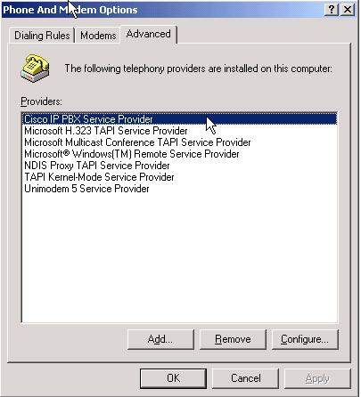 2. Haga clic la lengueta de los driveres de telefonía (Windows 95/98/NT) o la ficha Avanzadas (Windows 2000). Seleccione el proveedor de servicio IP PBX de Cisco, después haga clic la configuración.