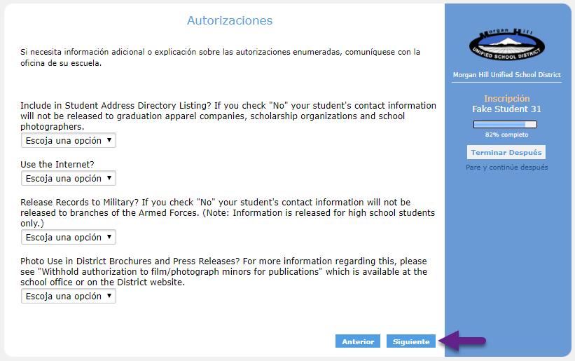 La página Autorizaciones requiere que responda Sí o No a preguntas. Nota: La publicación de Expedientes al Ejército sólo se aplica a las escuelas secundarias, independientemente de su respuesta.