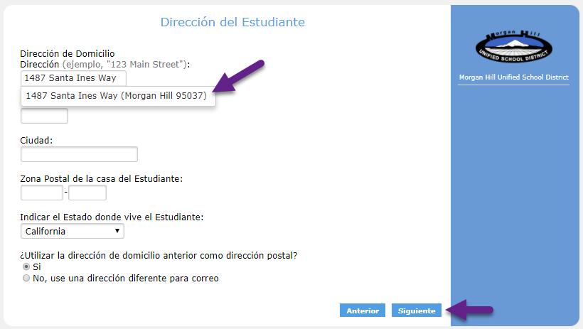 Una vez completada la información, haga clic en Siguiente. En la página Dirección del estudiante, se requerirá la información de la dirección de residente y de correo.