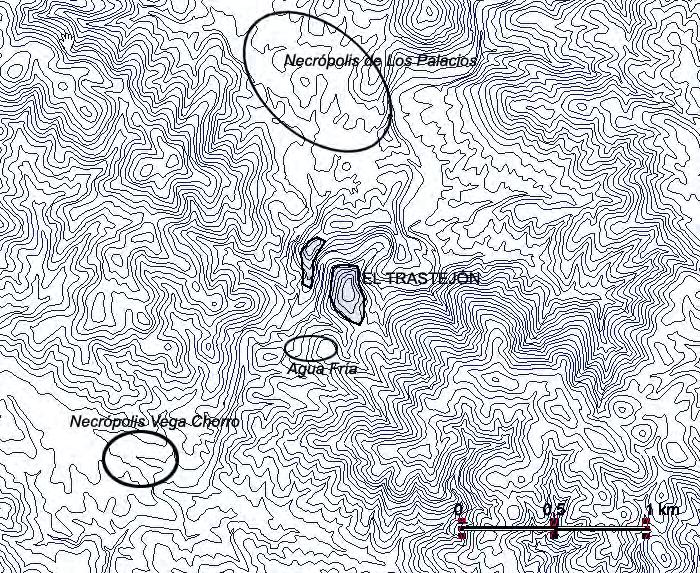 Fig. 2.41. Situación de las necrópolis alrededor de El Trastejón. Otra necrópolis, Los Palacios (Fig.2.41 y 2.45), se sitúa a tan solo 600 m al Norte de El Trastejón.