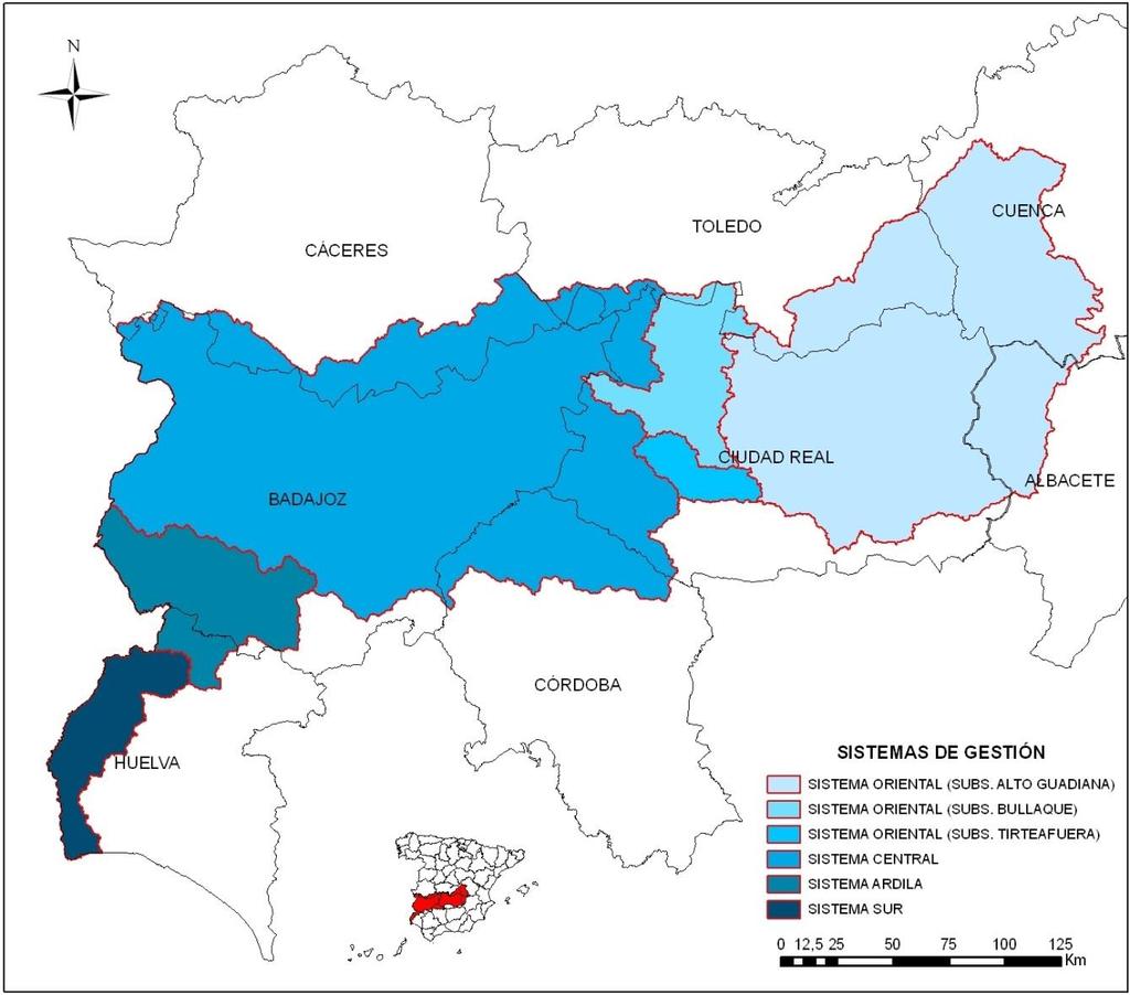 dividido en tres subsistemas que son el Alto Guadiana, Bullaque y Tirteafuera Se muestran en la siguiente figura: Figura 4 Mapa de los sistemas de explotación básicos existentes en la demarcación