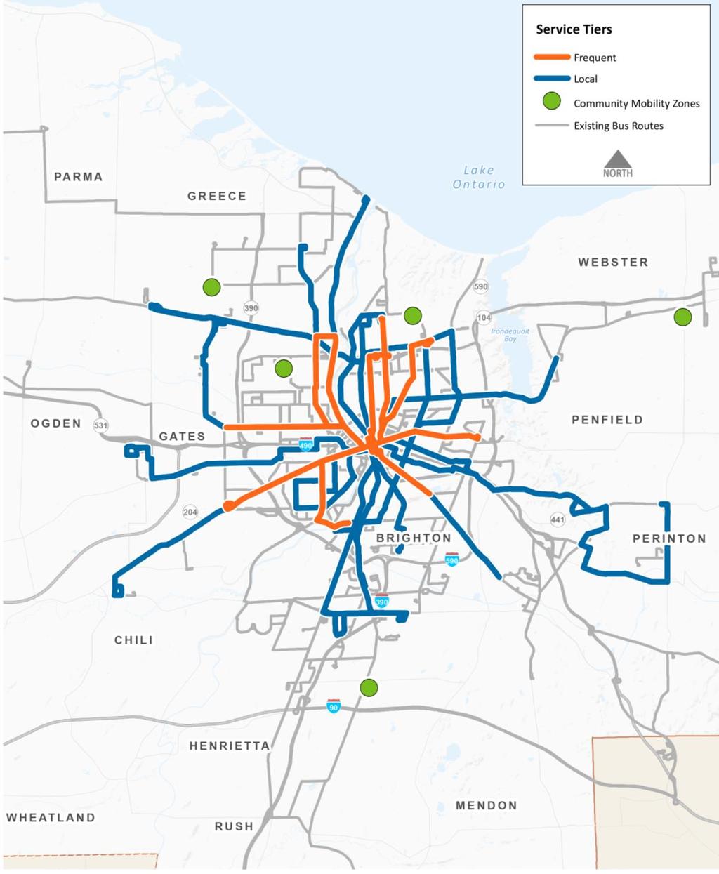 Red propuesta Niveles de servicio Frecuente Local Zonas de movilidad comunitaria Rutas de autobuses existentes NORTE o Diez rutas frecuentes o