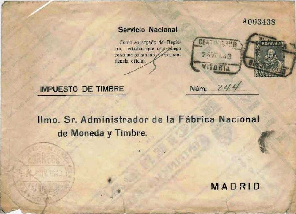 1940 Cervantes. Entero postal administrativo (Impuesto de Timbre) circulado de Vitoria a Madrid del 24 al 25 de noviembre de 1943.