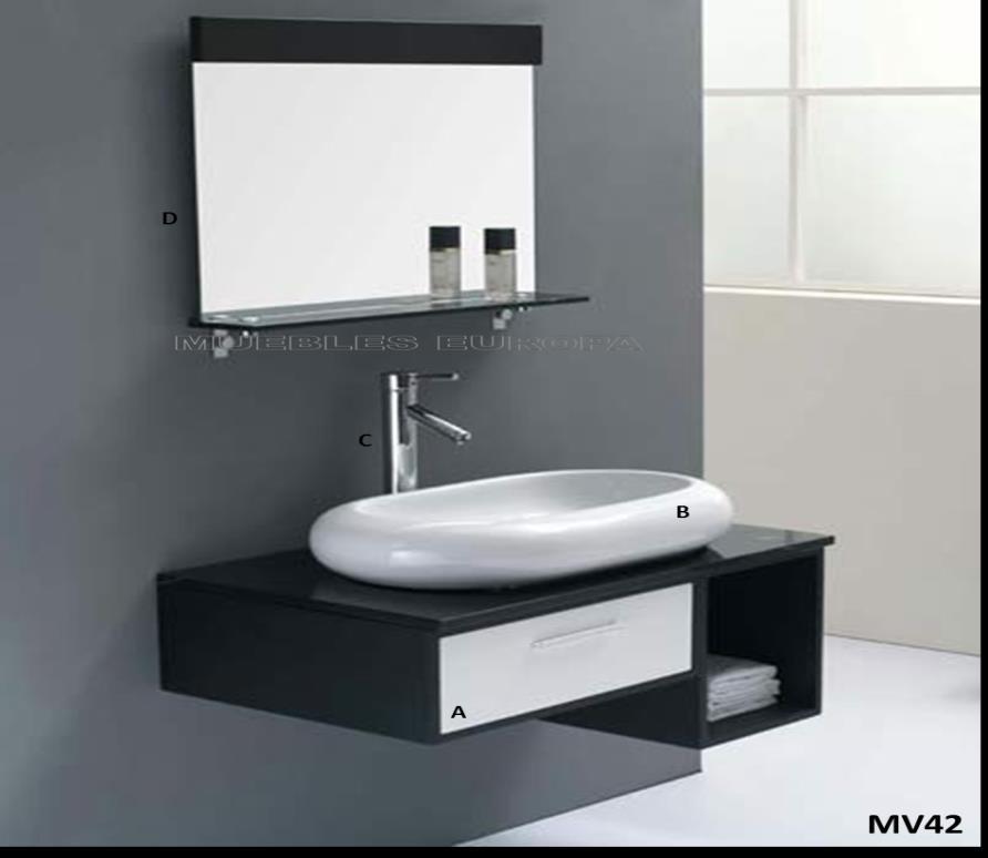MODELO MV42: 1.- Mueble para baño de 80cm largo x 50cm fondo, un cajón, con repisa lateral, color negro / blanco. (a) 1.- Ovalin blanco especial de cerámica.