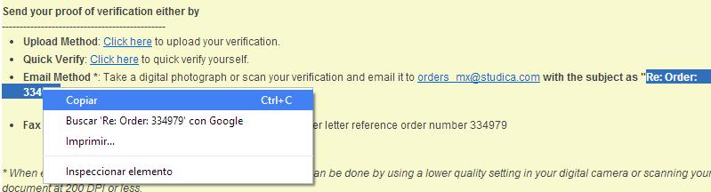 B. Enviar un correo de verificación 1. Enviar un correo electrónico a orders_mx@studica.