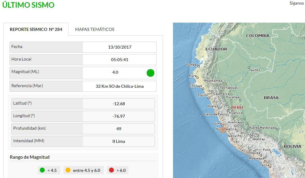 al Centro de Operaciones de Emergencia Nacional del Ministerio de Defensa (COEN DEFENSA). El sismo se produjo a las 05:05 am a 32 kilómetros al suroeste de Chilca y el epicentro se ubicó a 49 km.