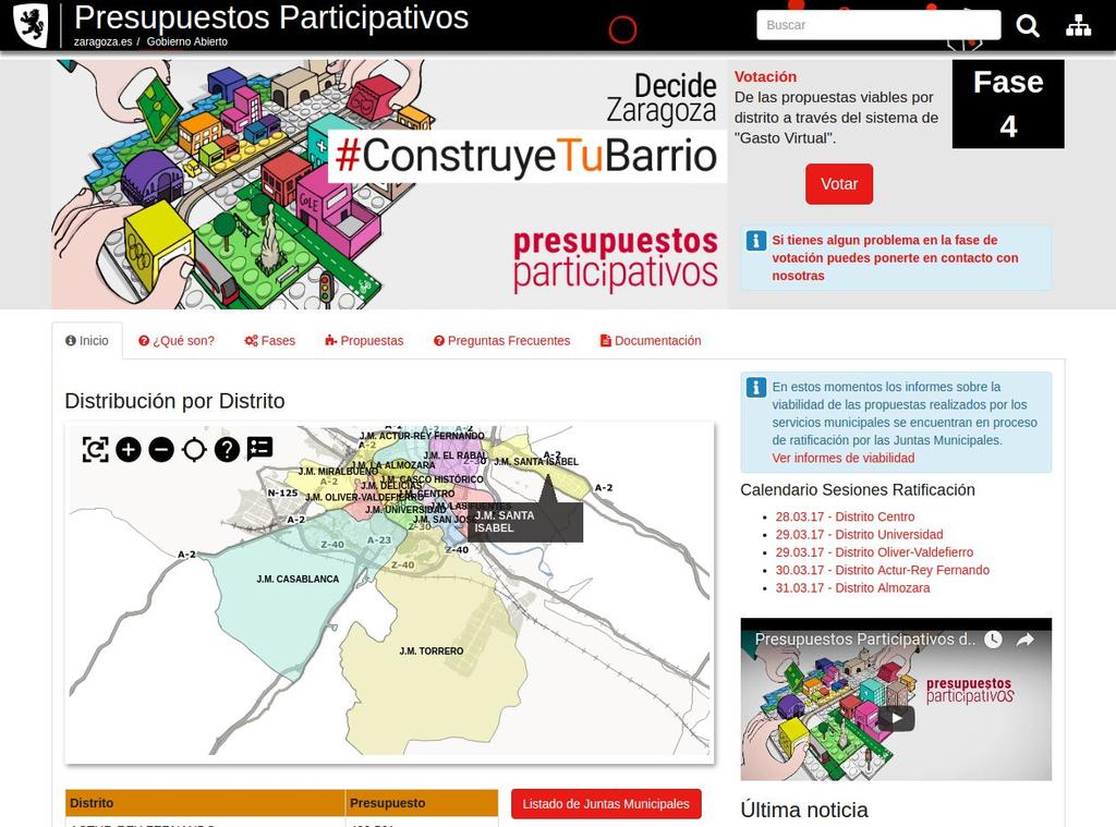 Acceder a la primera página del portal de Presupuestos Participativos, www.zaragoza.es/presupuestosparticipativos y hacer click sobre el botón Votar.