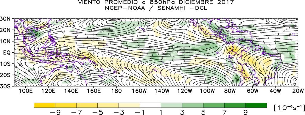 2. CAMPO DE VIENTOS Durante el mes de Diciembre, sobre la costa peruana (principalmente sobre el centro y sur), al nivel de 850hPa, se observó en promedio un comportamiento normal de los vientos del