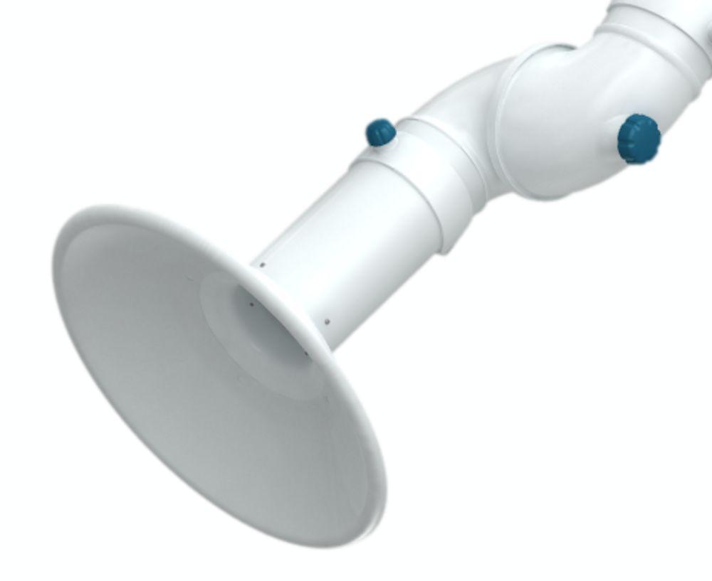 La campana embridad blanca resistente a la corrosión, fabricada de PE, para brazos FX2 50/75/100 está diseñada para maximizar la zona de captura sin obstaculizar los objetos