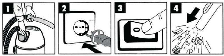 Inserte la manguera de succión en el orificio en el costado del tanque, gire el conector de la manguera. 4. Luego, inserta el enchufe en el zócalo. 5.