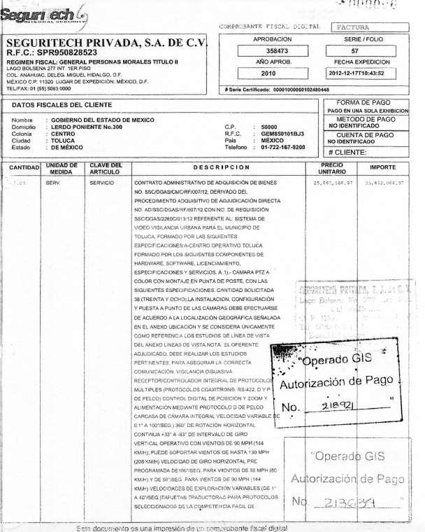 ANEXO 2.pdf, (once fojas que contienen la factura número 57 expedida por la empresa SEGURITECH PRIVA