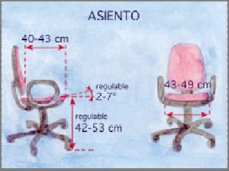 Asento: Altura do asento. Esta dimensión determina a posición de traballo (xunto á altura da mesa) e a posibilidade de apoiar os pés no chan.