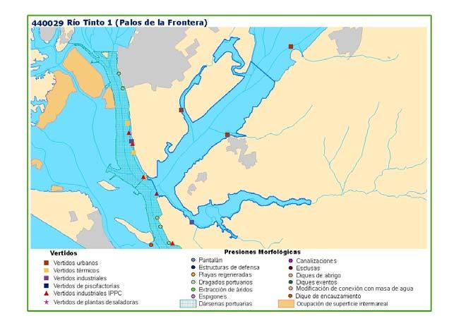 Presiones difusas En las masas de agua continentales situadas aguas arriba del estuario del río Tinto, se han identificado presiones difusas procedentes de suelos potencialmente contaminados,