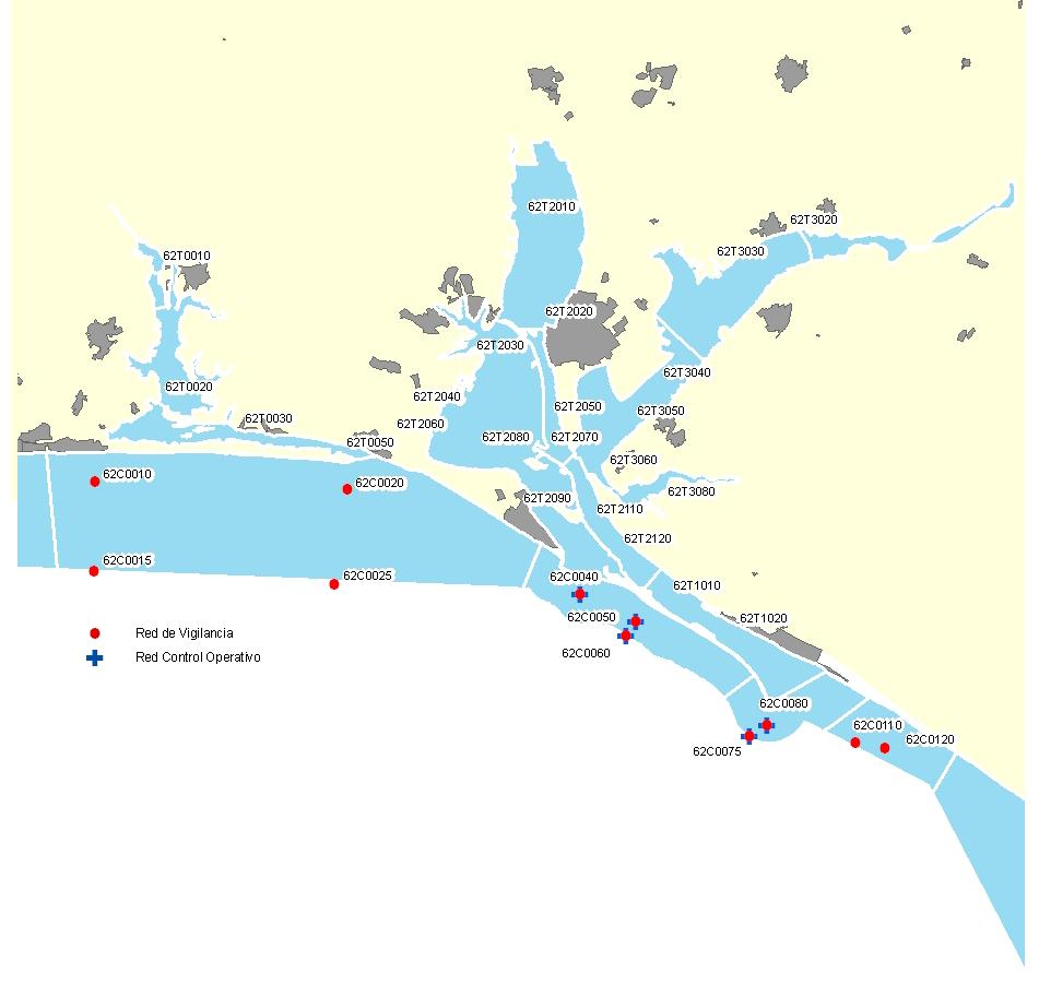 3 EVALUACIÓN DEL ESTADO DE LAS MASAS DE LA CATEGORÍA COSTERAS En las aguas costeras de la Demarcación Hidrográfica del Tinto Odiel y Piedras hay un total de 11 estaciones de control, todas ellas
