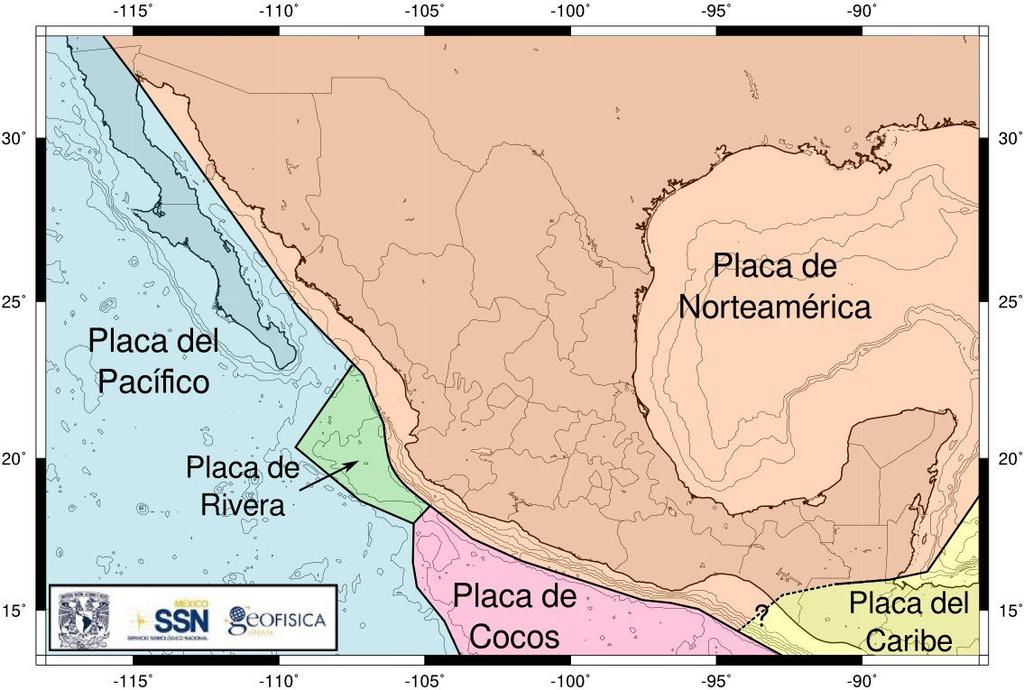 Figura 6. Placas tectónicas que interactúan en territorio mexicano. NOTA La información contenida en este reporte ha sido generada por el Servicio Sismológico Nacional el día 8 de marzo de 2018.