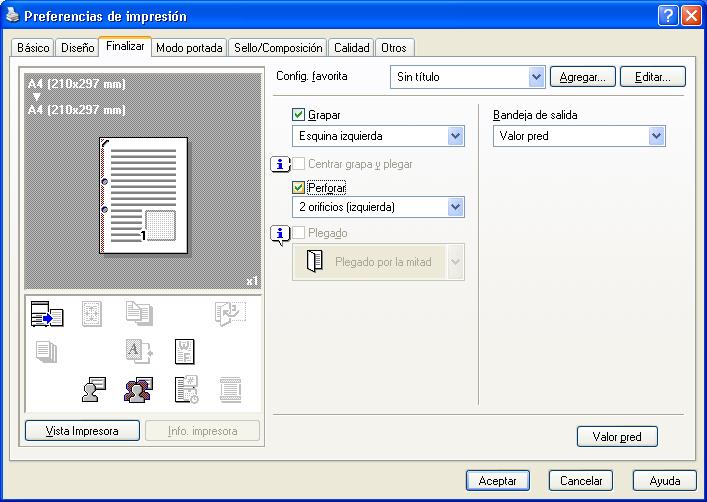 Funciones de impresión de los controladores PCL/PS/XPS para Windows 8 8.4.3 Ficha Finalizar Nombre de la función Opción Descripción Grapar Activ./Desact. Permite especificar el grapado.