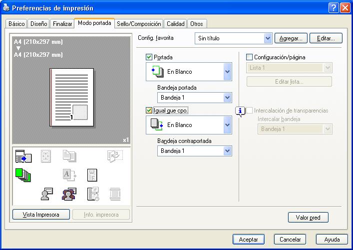8 Funciones de impresión de los controladores PCL/PS/XPS para Windows 8.4.4 Ficha Modo portada Nombre de la función Opción Descripción Portada ACT./DESAC.