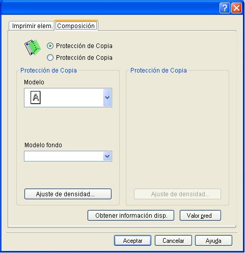 Funciones de impresión de los controladores PCL/PS/XPS para Windows 8 Elemento Descripción Protección de Copia Especifique el efecto cuando se compone el modelo como fondo del documento de manera