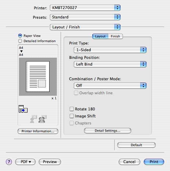 Función Imprimir en Mac OS X 9 9.5.4 Diseño/Finalizar Se puede cambiar entre el cuadro de diálogo Layout (Diseño) y el cuadro de diálogo Finish (Finalizar).