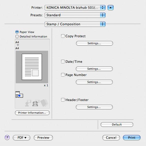 9 Función Imprimir en Mac OS X Nombre de la función Opción Descripción Per Page Setting ON/OFF Permite insertar papel entre las páginas, y cambiar el papel y la bandeja para cada página.