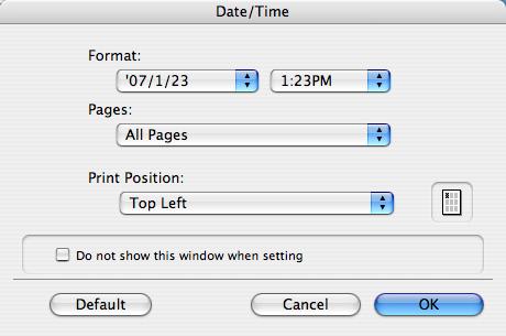 Función Imprimir en Mac OS X 9 Editar fecha y hora Elemento Format Pages Print Position Descripción Muestra el formato de fecha y hora que se debe