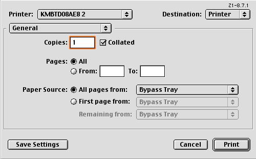 10 Función Imprimir en Mac OS 9.2 10.3.3 General En el menú [File], seleccione "Print".