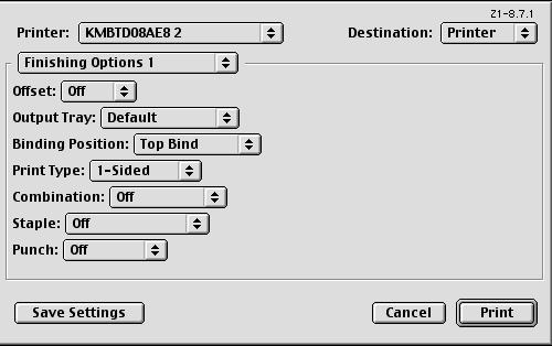 Función Imprimir en Mac OS 9.2 10 10.3.5 Opciones específicas de la impresora (Finishing Options 1-3) Especifica las opciones de impresora específicas.