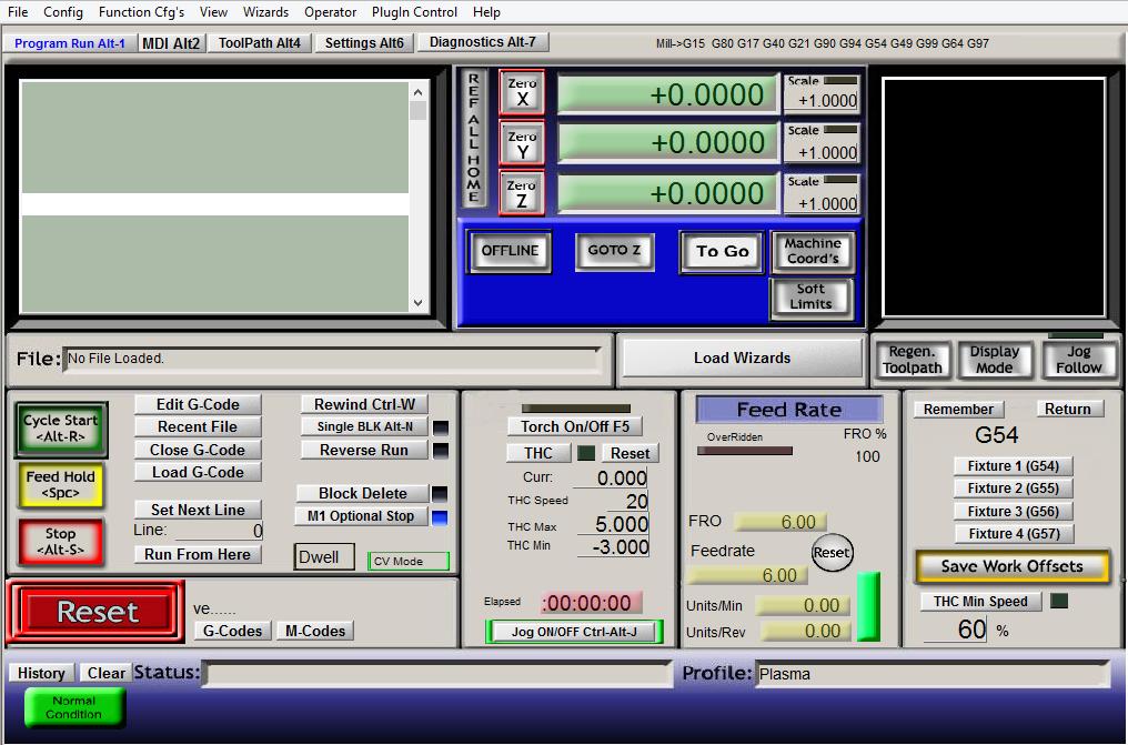 01.- Esta es la pantalla principal de Mach3 Se puede acceder a la misma desde cualquier parte del programa apretando ALT-1 en el teclado Al arrancar el programa, el botón de "Reset" debería estar