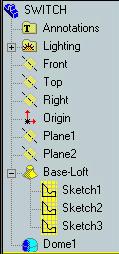 Active la casilla de Cara con domo (Dome face) y seleccione la cara superior del switch. Haga clic en OK. En el Feature Manager expanda la Operación Base-Loft Feature.
