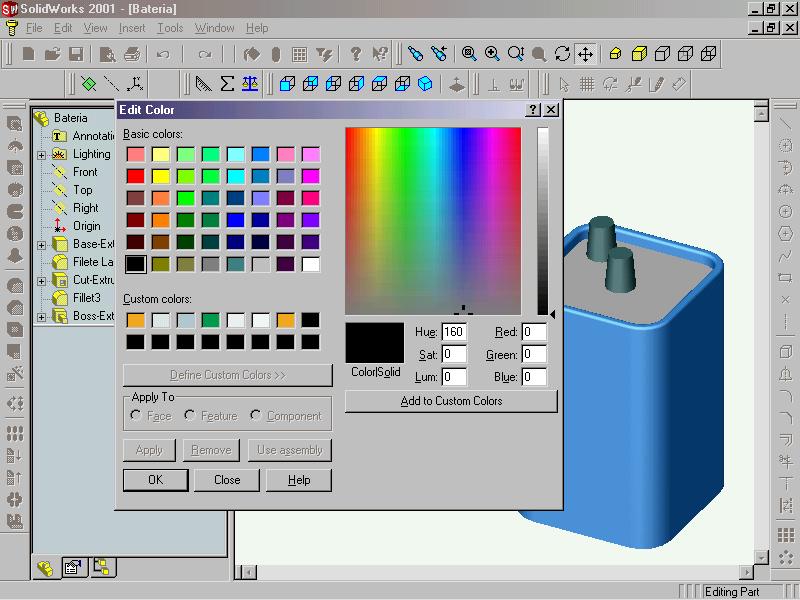 Capitulo 3 MODELANDO PIEZAS 3. Haga clic en Editar color Edit color en la barra de herramientas Estándar. Aparece el cuadro de dialogo Editar color. 4.